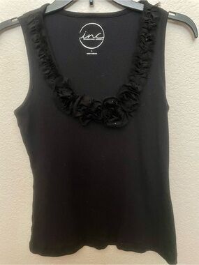 INC International Concepts Black Ruffle Scoop Neck Tank Top